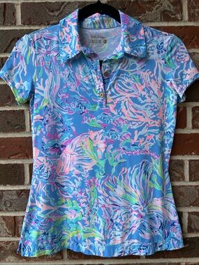 Lilly Pulitzer LUXLETIC Blue Pink Multicolor Printed Polo Top